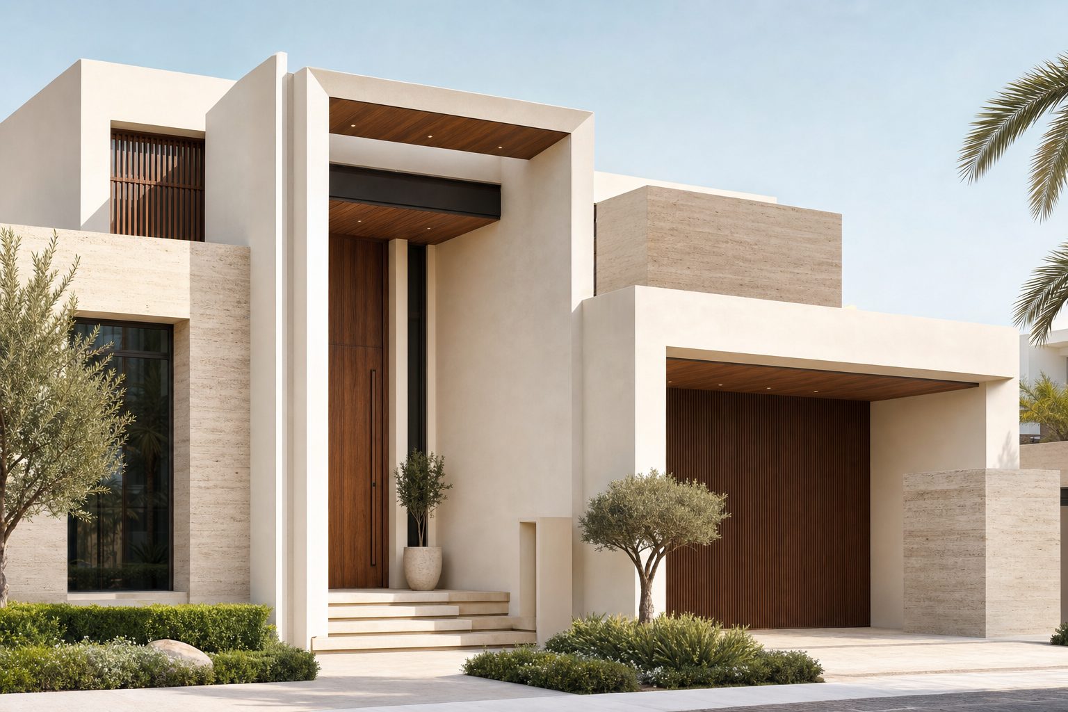 Finished contemporary Dubai villa exterior at golden hour (illustrative)