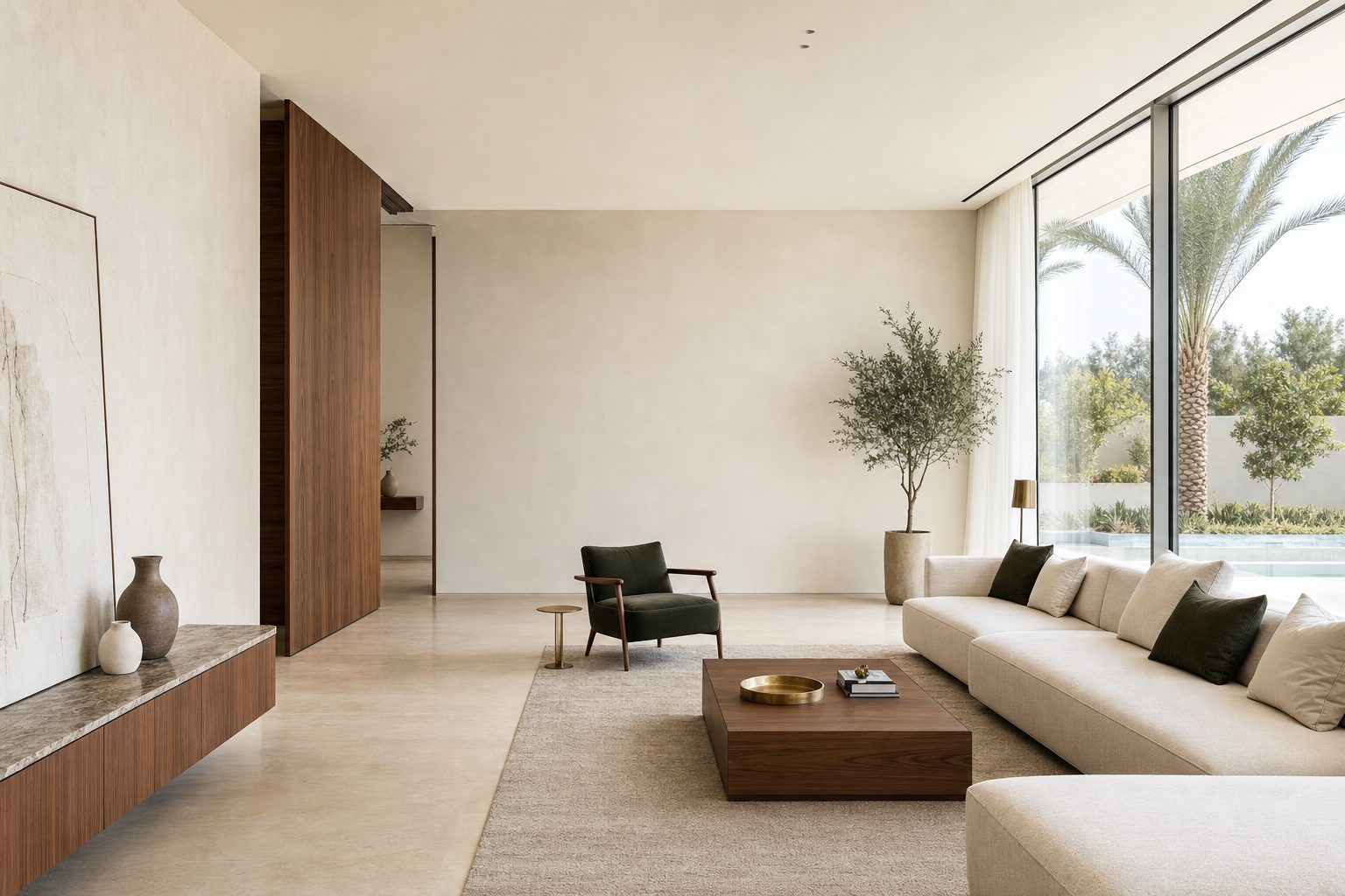 Freshly renovated modern Dubai villa living room at golden hour (illustrative)