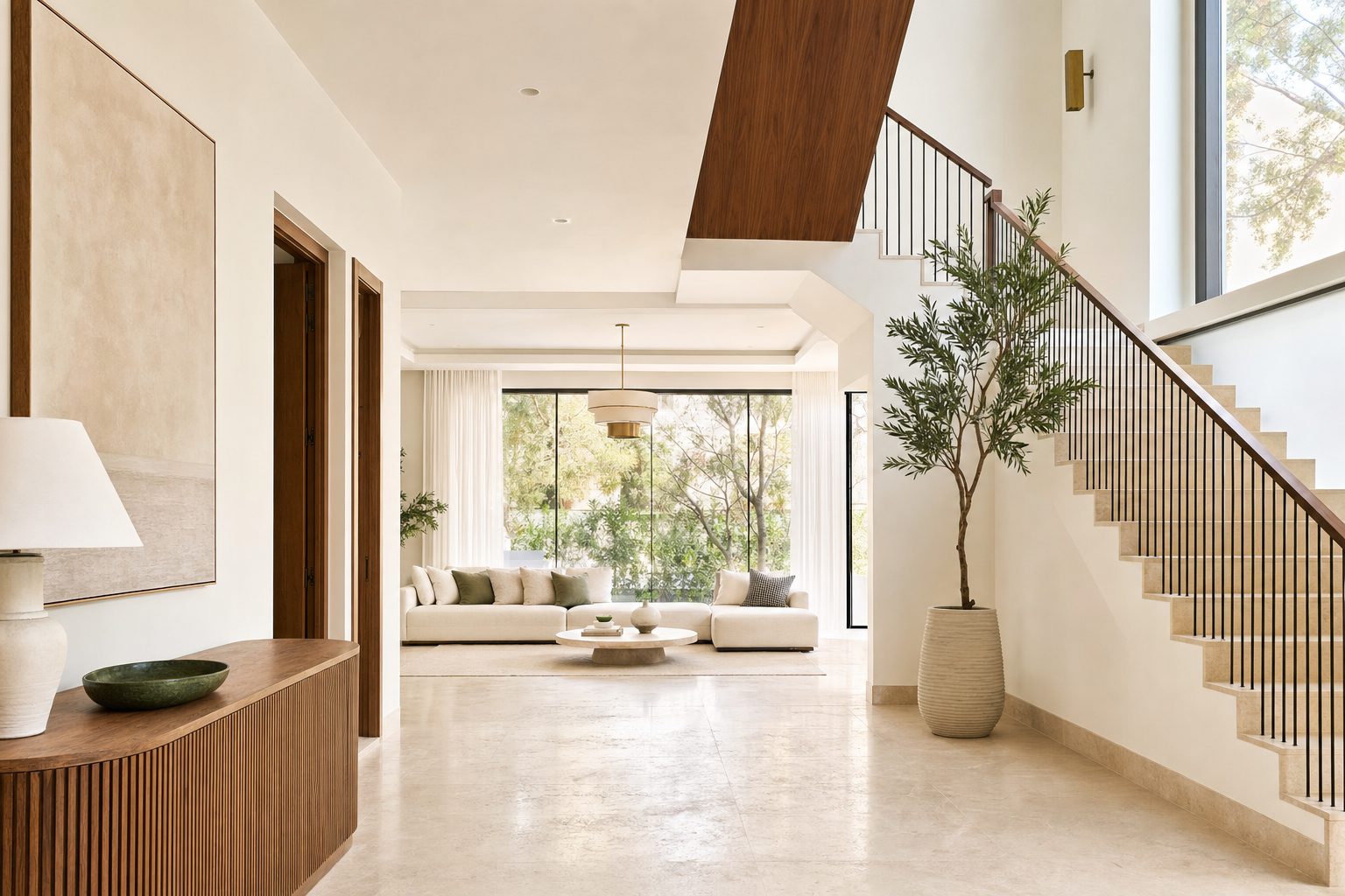Uniformed crew fitting joinery during a Dubai villa renovation (illustrative)