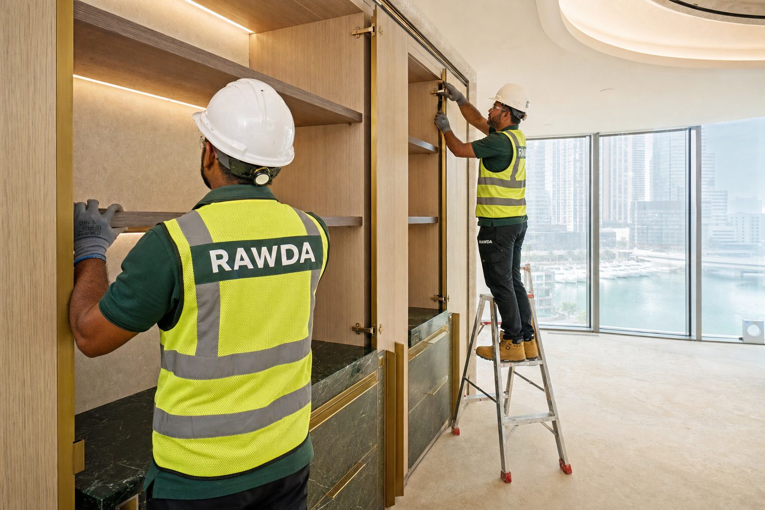 Crew installing cabinetry in a Dubai villa, seen at a distance (illustrative)
