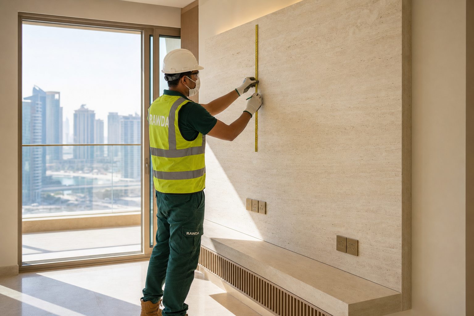 Site engineer reviewing a finished wall, seen from behind (illustrative)