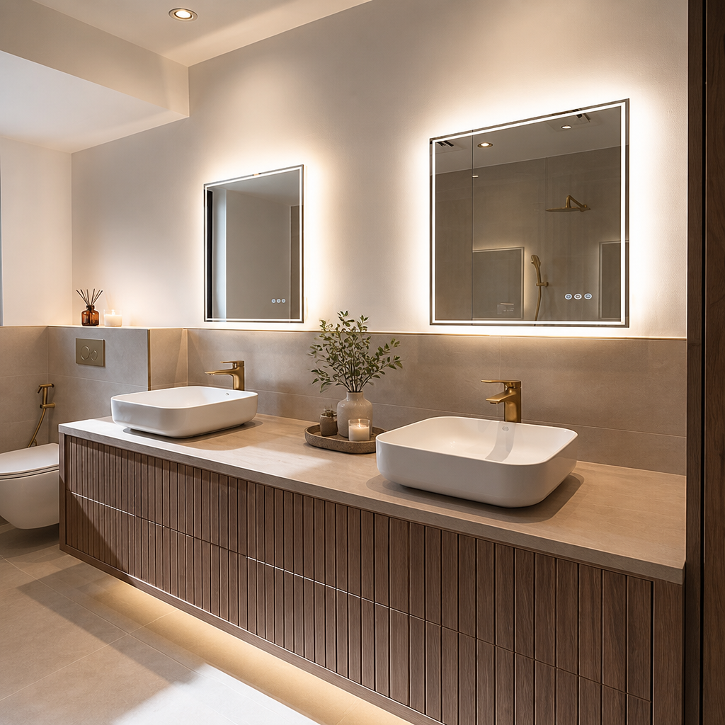 Two backlit square mirrors over fluted walnut vanity with white countertop basins.