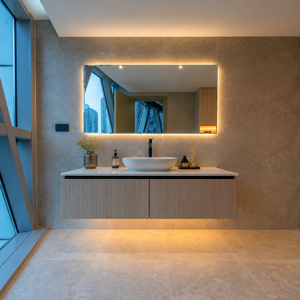 Wide backlit mirror above floating fluted vanity with single oval basin.