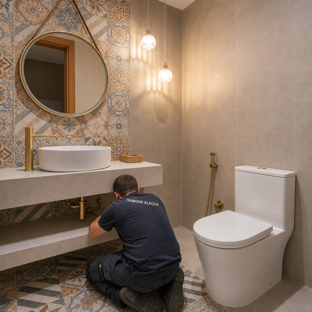 Worker kneeling under stone washbasin shelf, patterned tiles and toilet nearby.