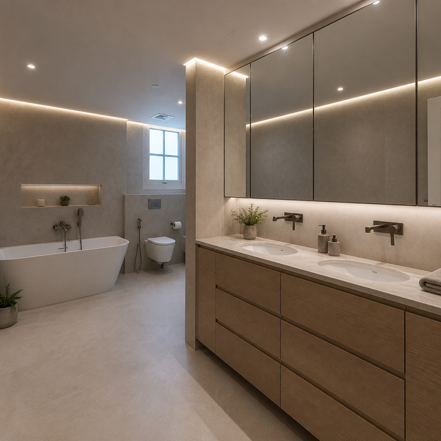 Freestanding bathtub, wall-hung toilet and twin undermount basins under mirrored cabinets.