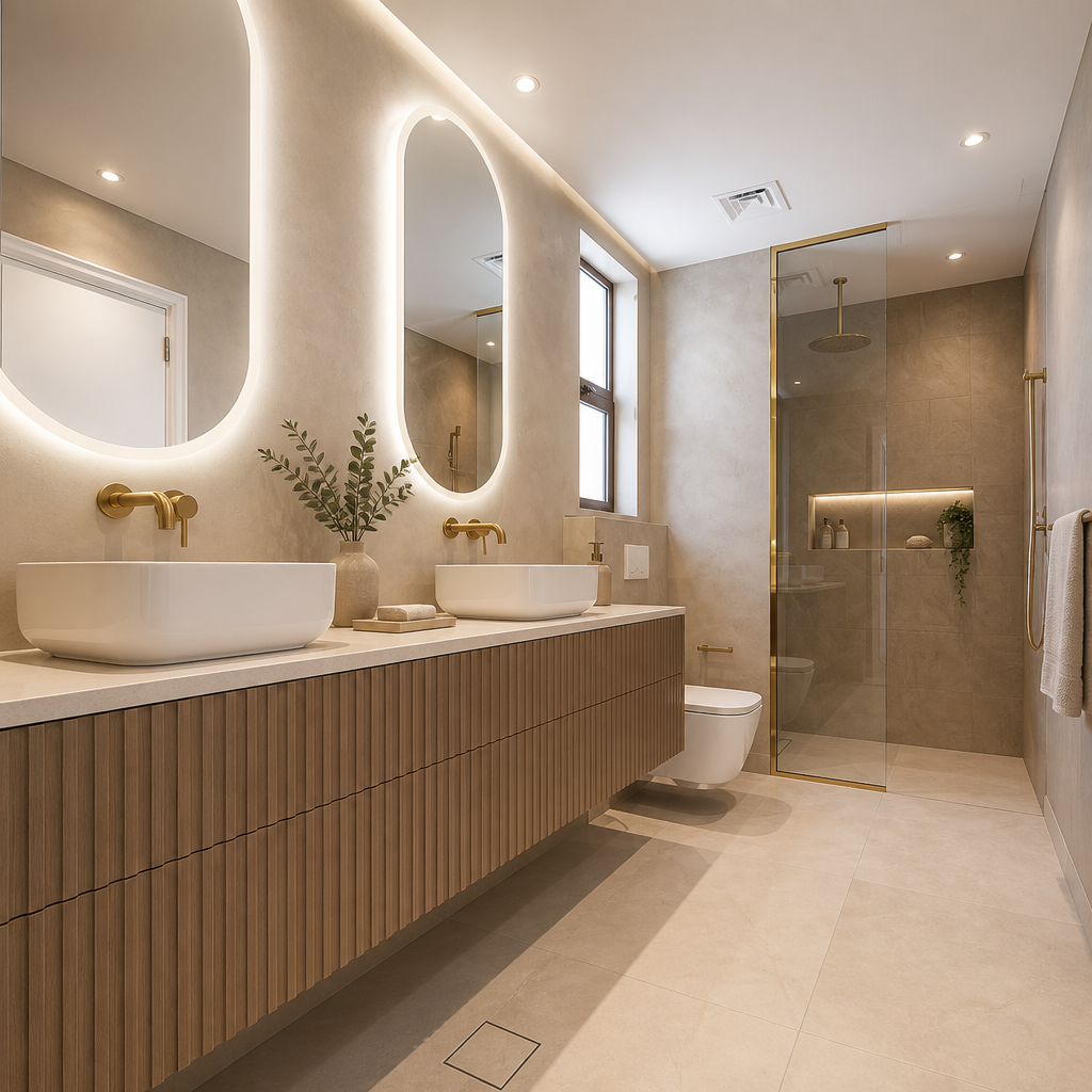 Twin oval lit mirrors, double basins, glass shower enclosure with brass fittings.