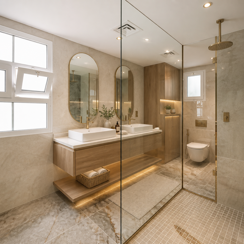 Two oval mirrors above floating double vanity, glass shower and toilet.