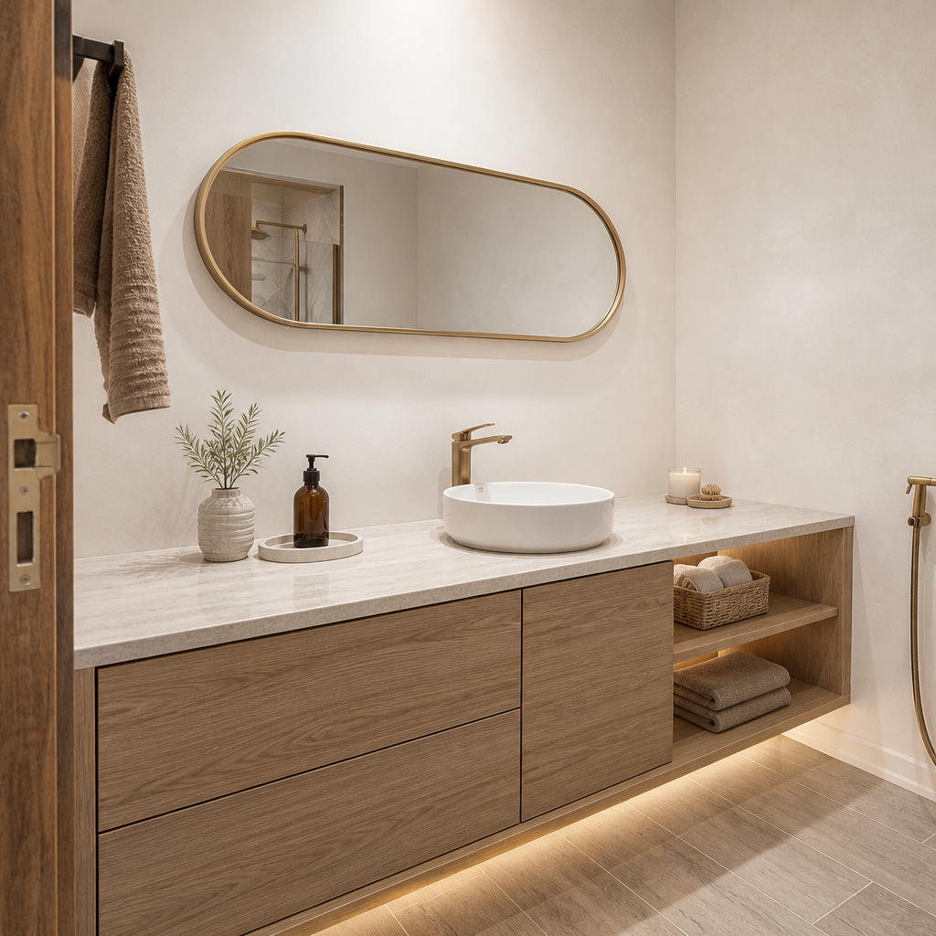 Oval brass mirror above oak vanity with round basin and towel shelves.
