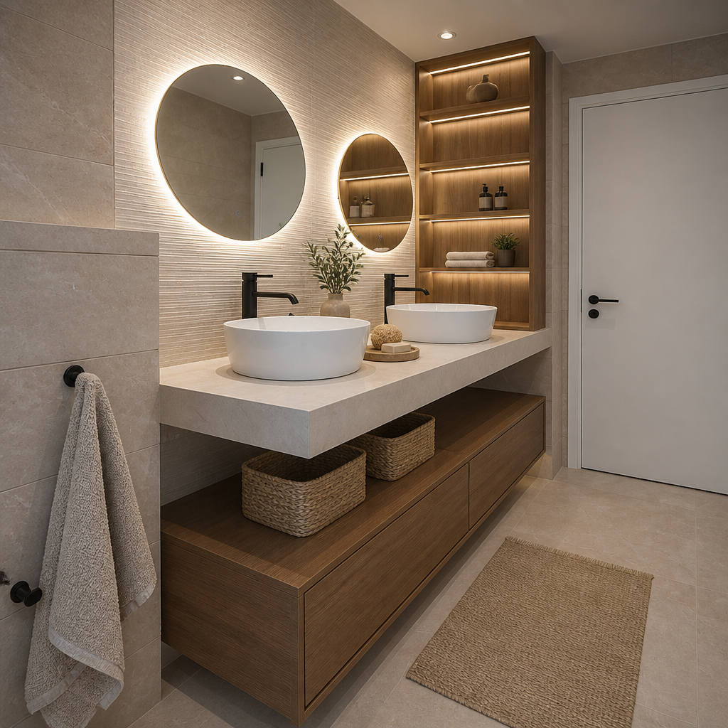 Two lit round mirrors, double basins, lit timber shelving and towel rail.
