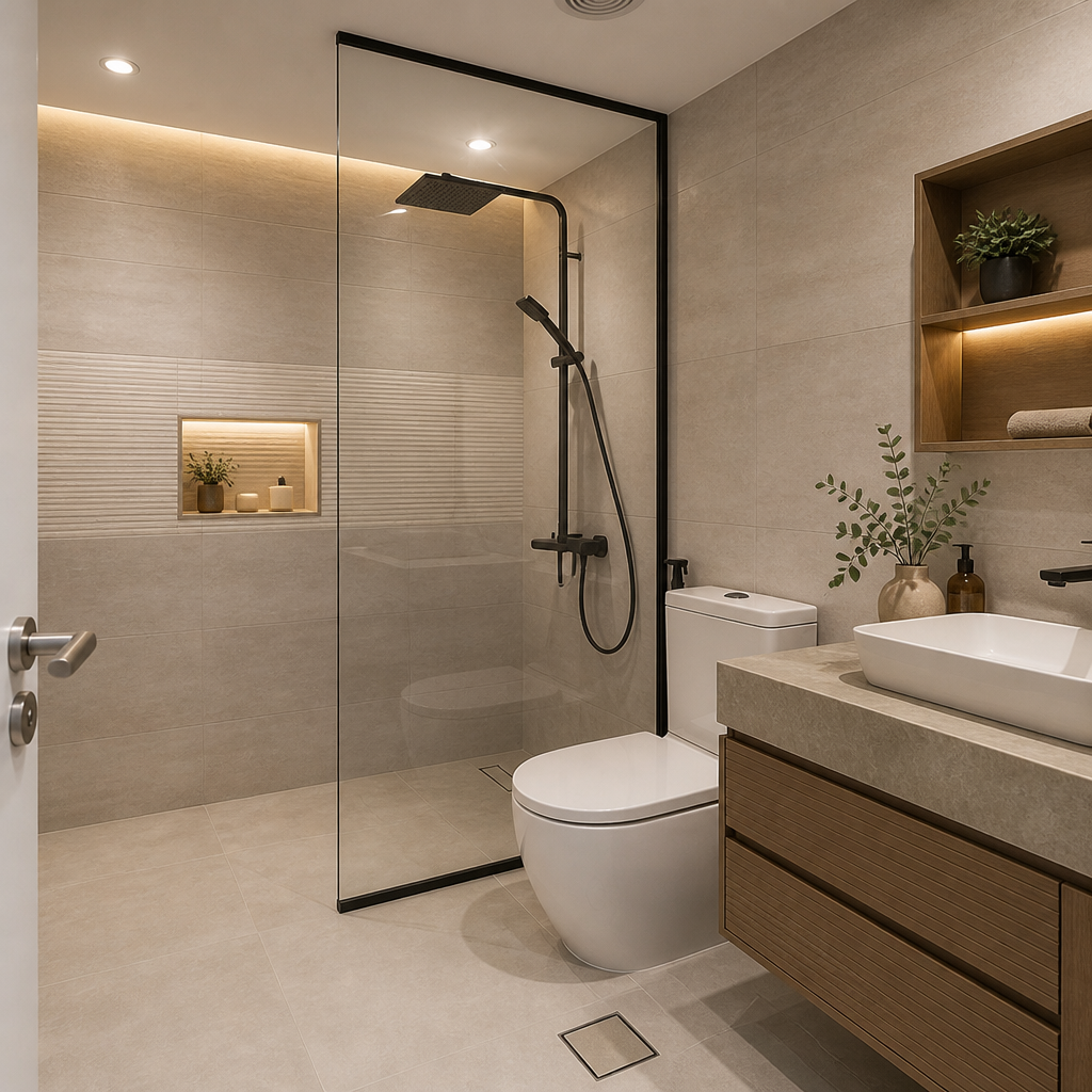 Walk-in shower behind glass screen, toilet and fluted vanity with basin.
