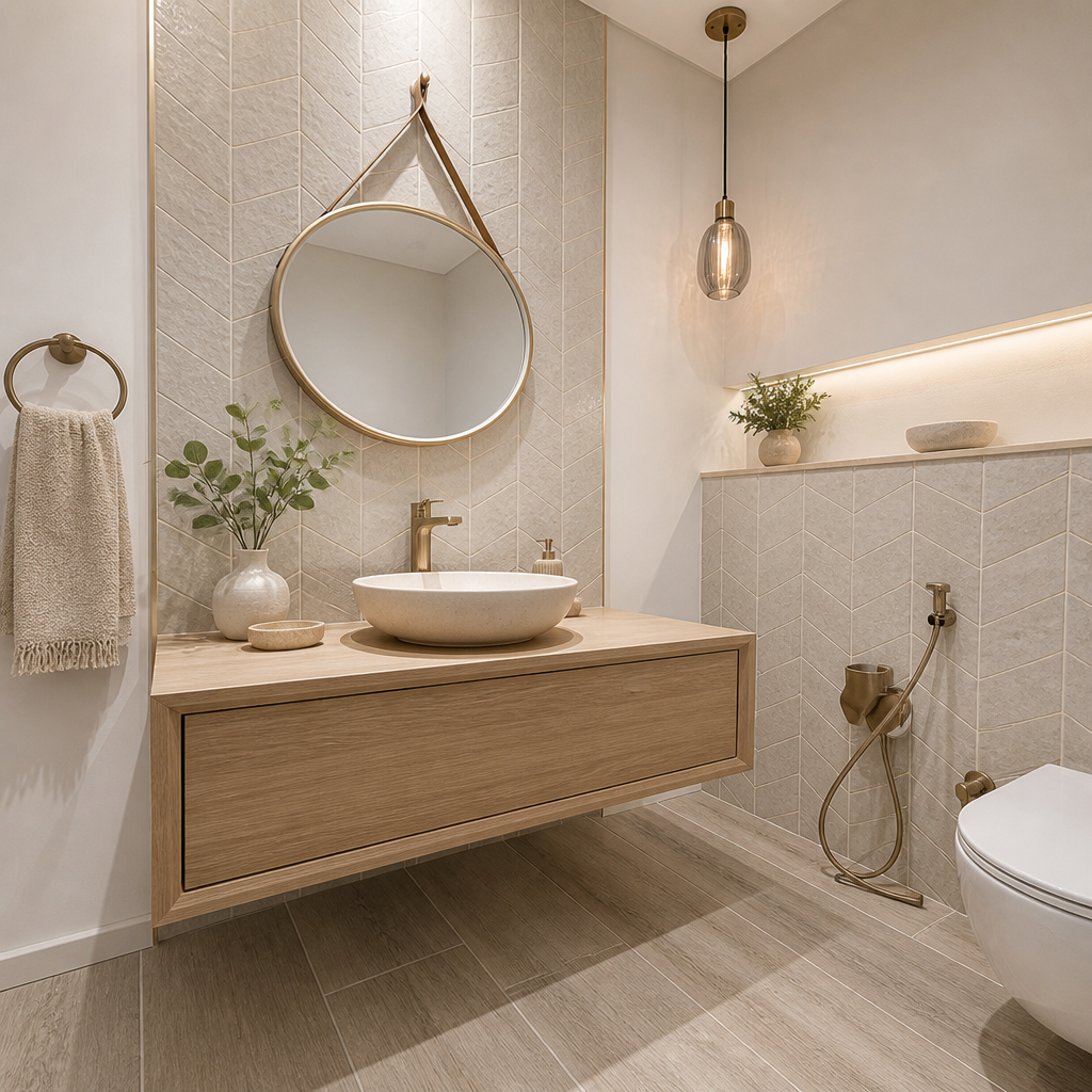 Round hanging mirror above oak vanity with stone basin, chevron tiles.