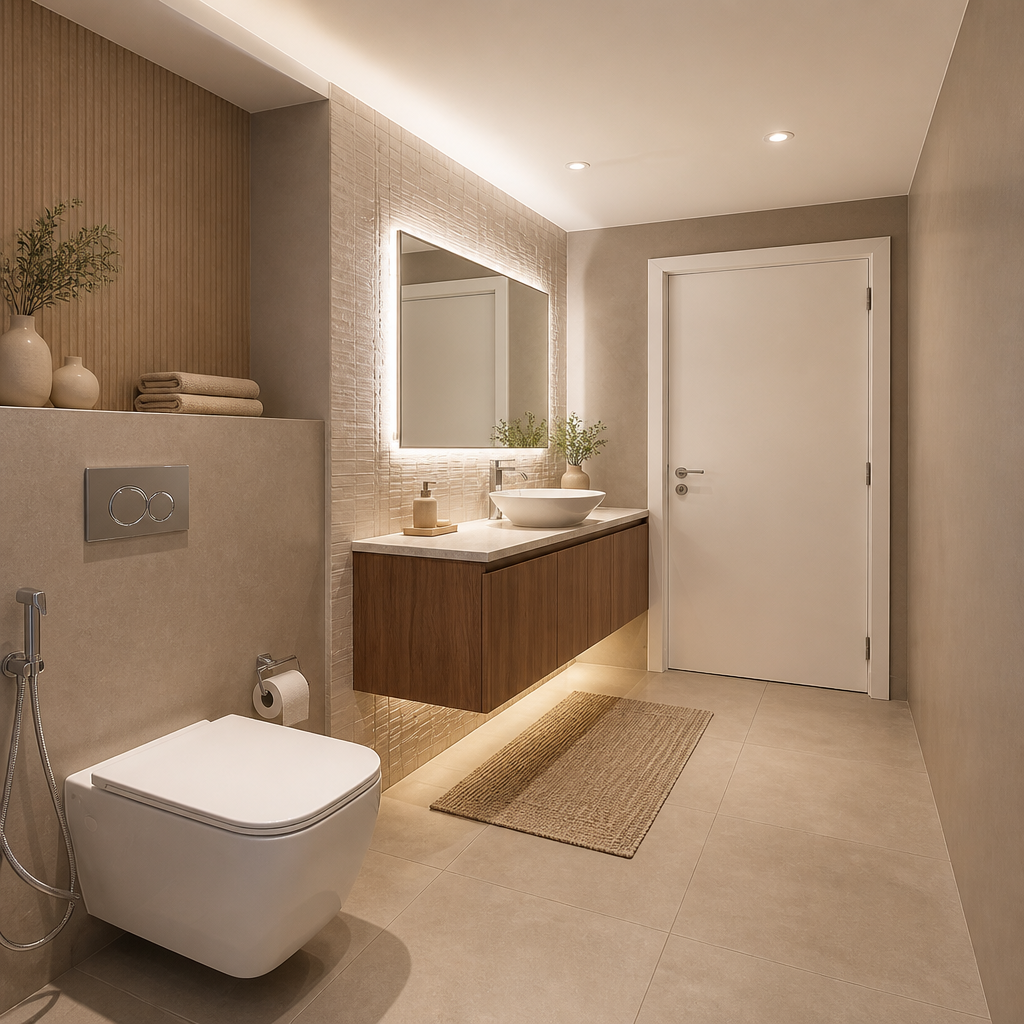 Bathroom with wall-hung toilet, wood vanity, vessel basin and backlit mirror.