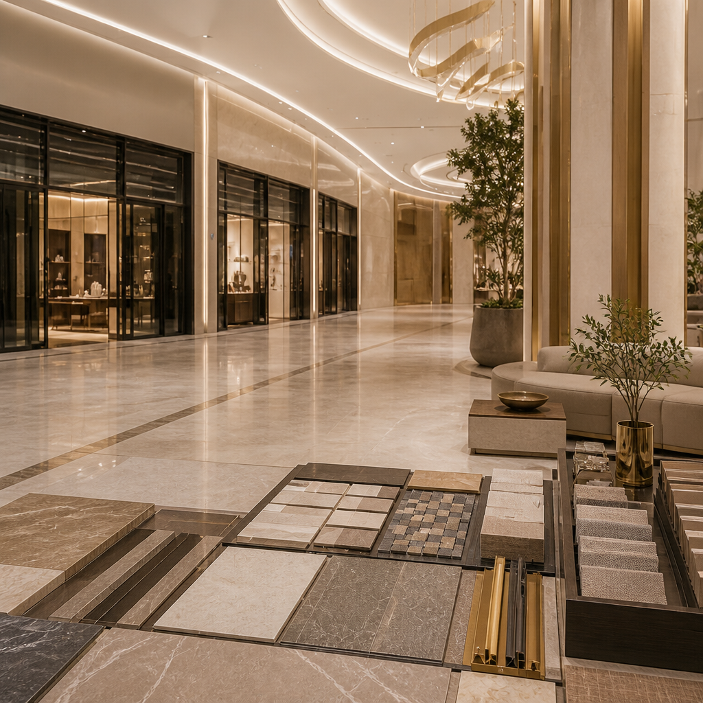 Marble and mosaic tile samples laid out in a polished retail corridor.