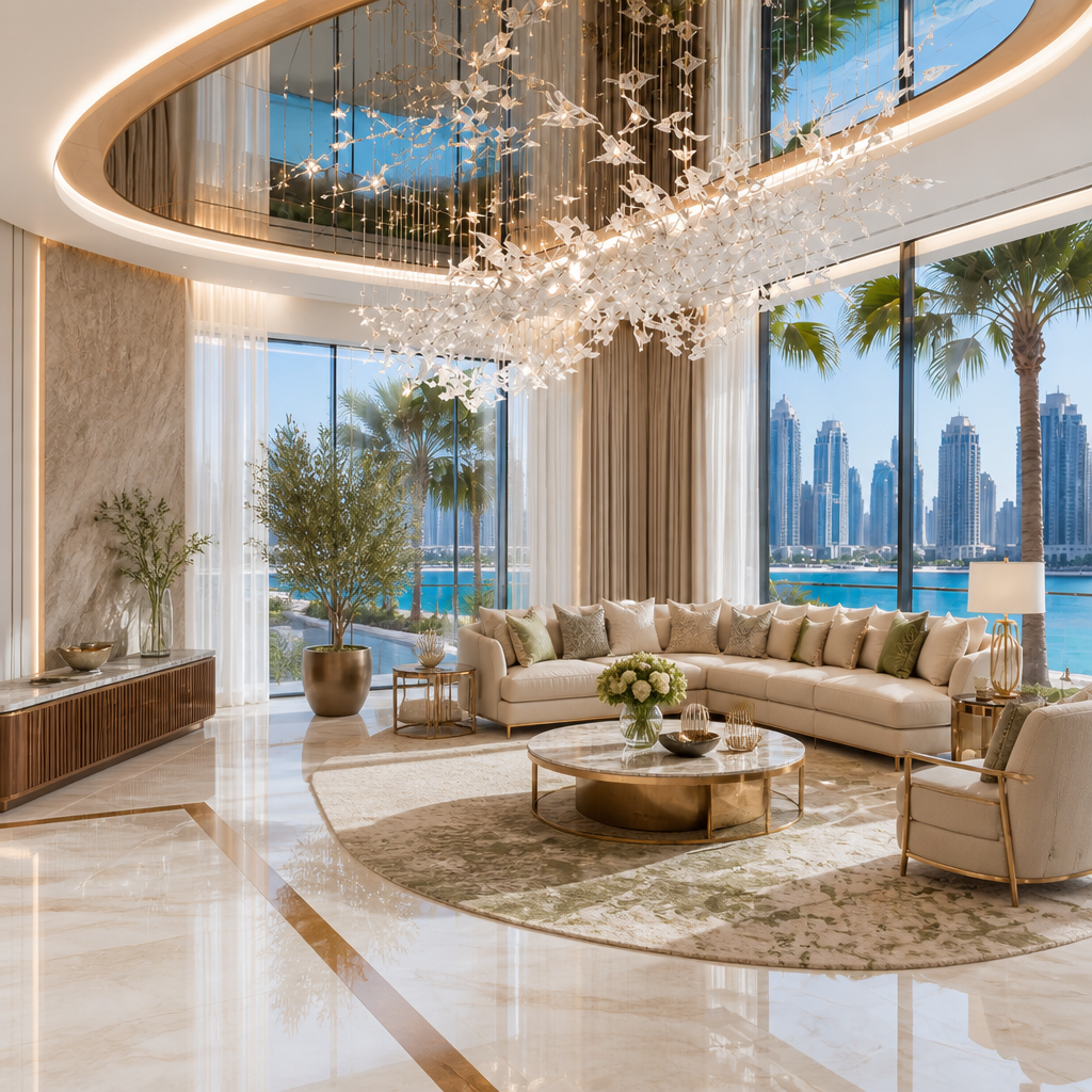 Living room with curved sofa, chandelier and floor-to-ceiling waterfront windows.
