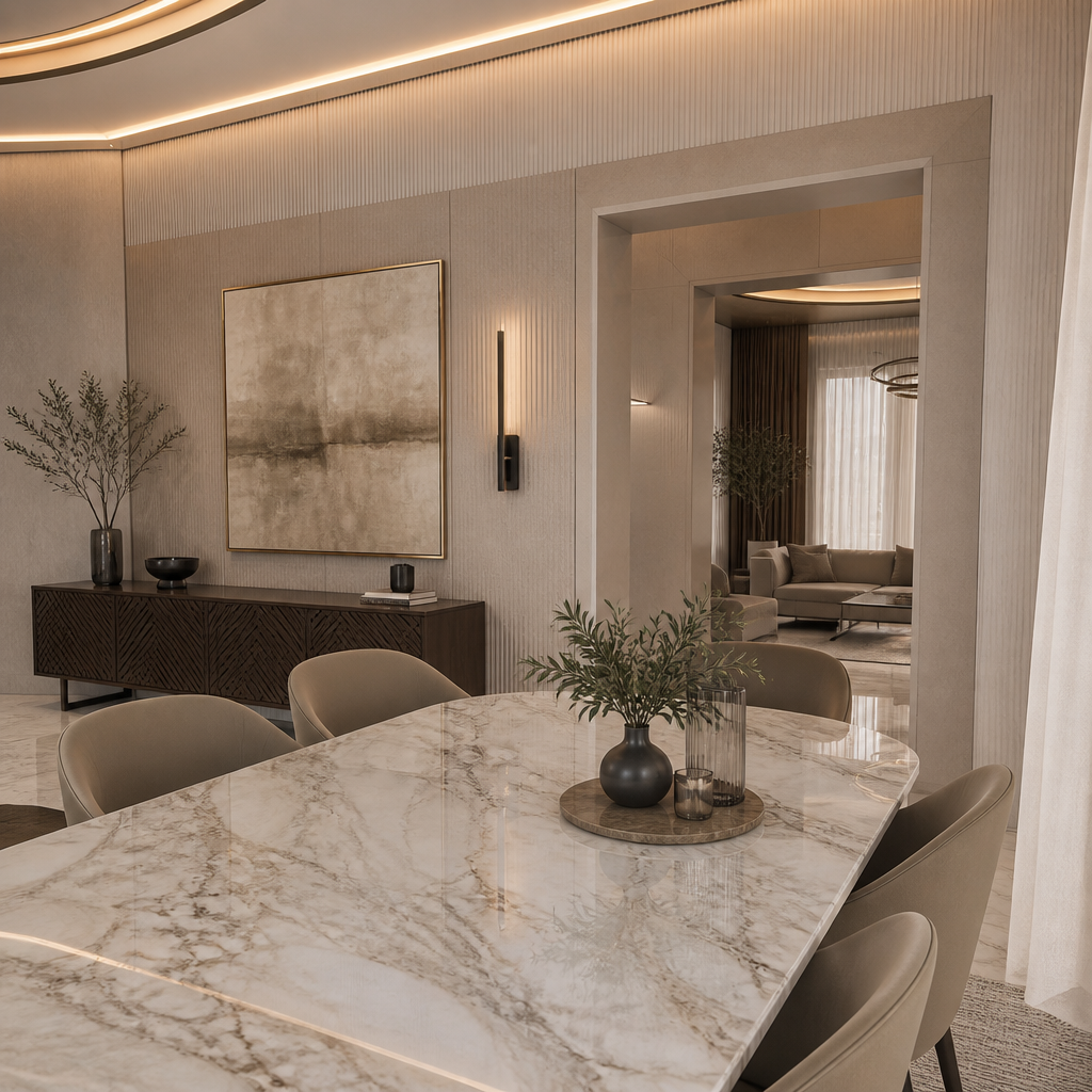Dining area with marble table, upholstered chairs and fluted wall panelling.