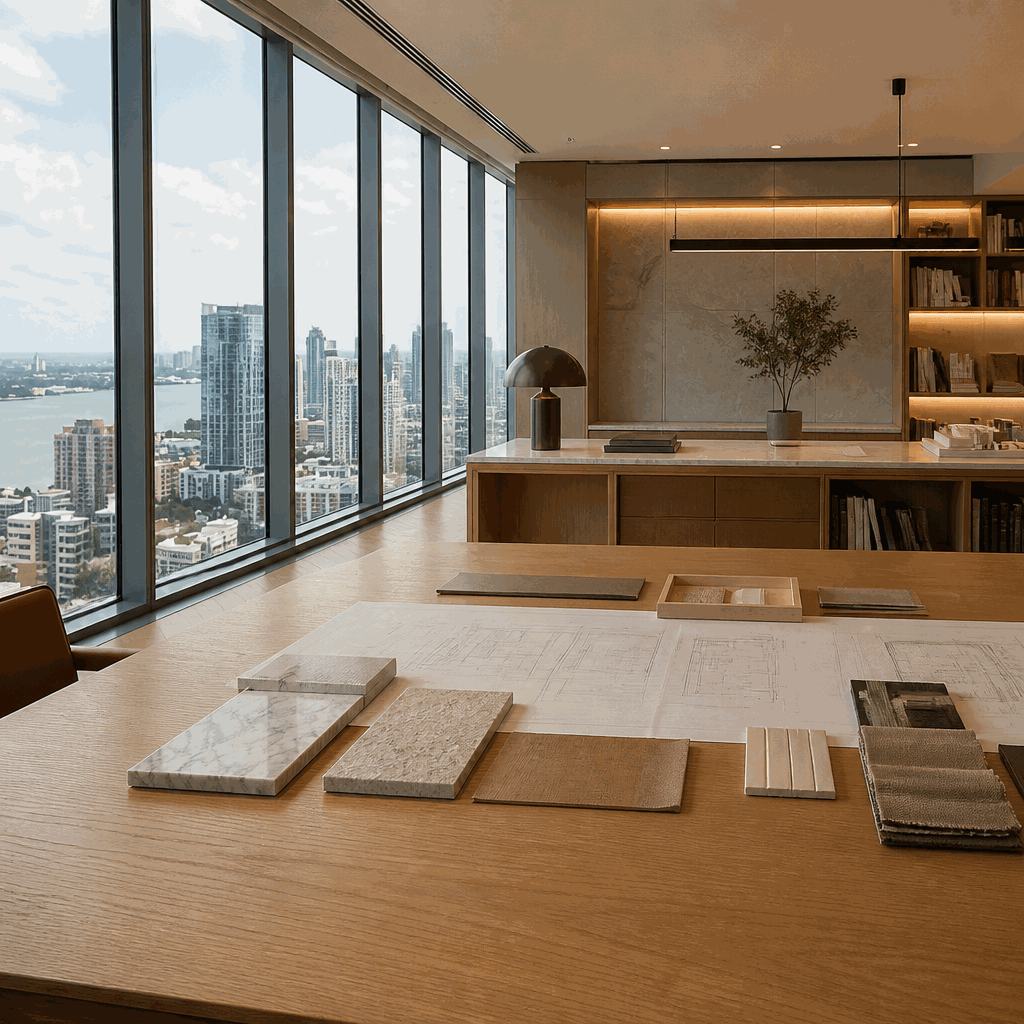 Drawings, stone tiles and fabric swatches spread on a table by windows.