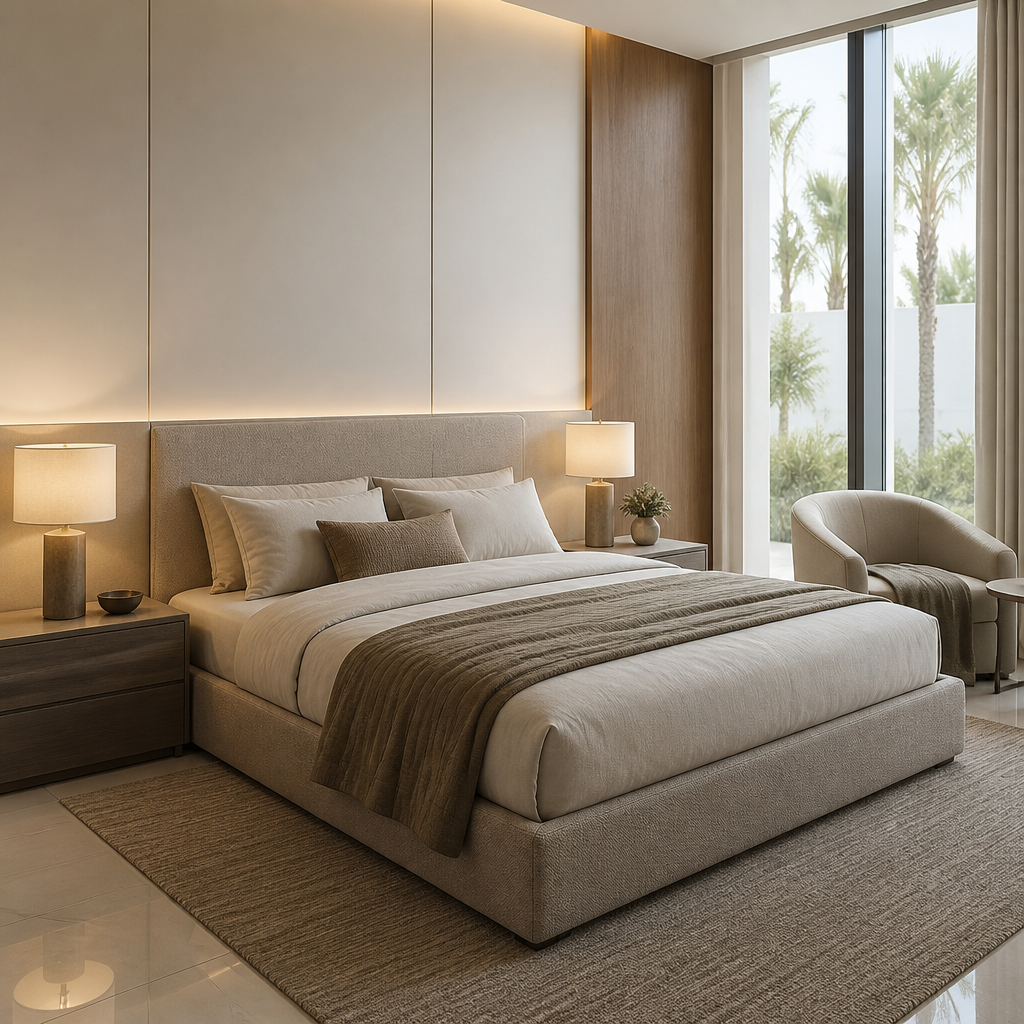 Bedroom with upholstered bed, twin lamps, armchair and garden-facing window.