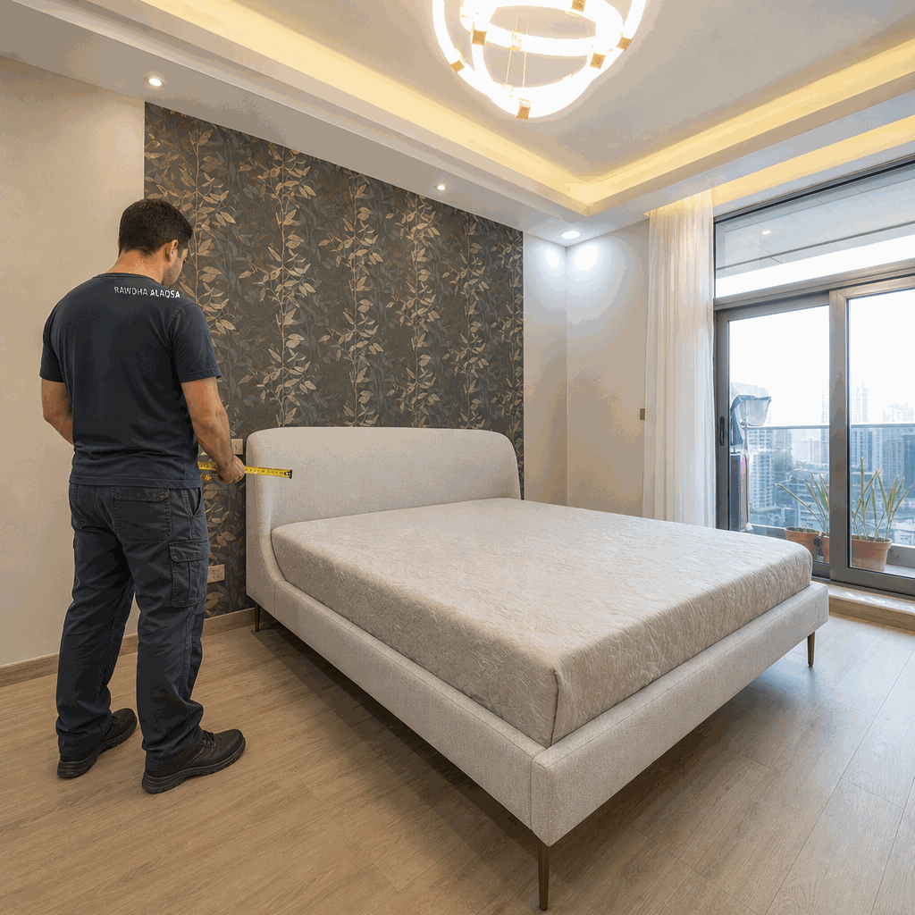Worker measuring a bed frame beside patterned wallpaper in a bedroom.