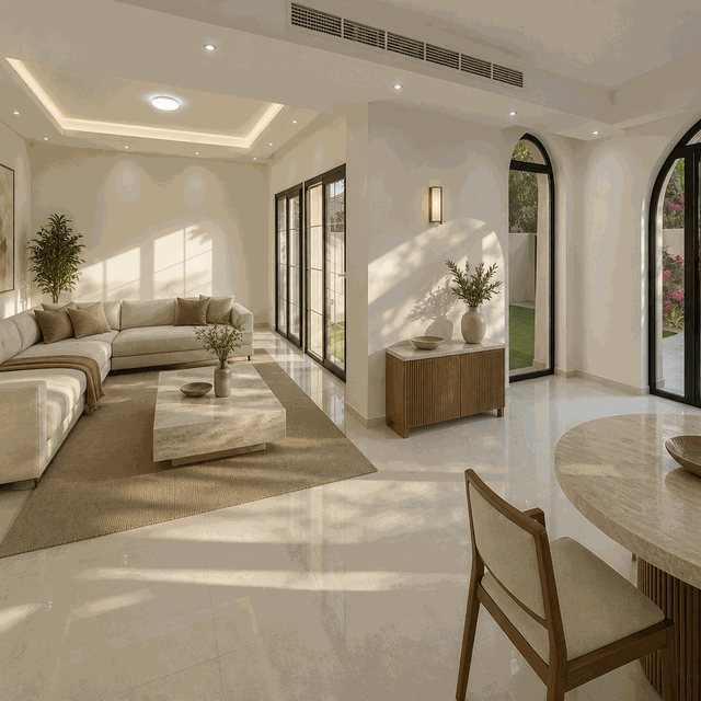 Bright living and dining space with tiled floor and arched garden doors.