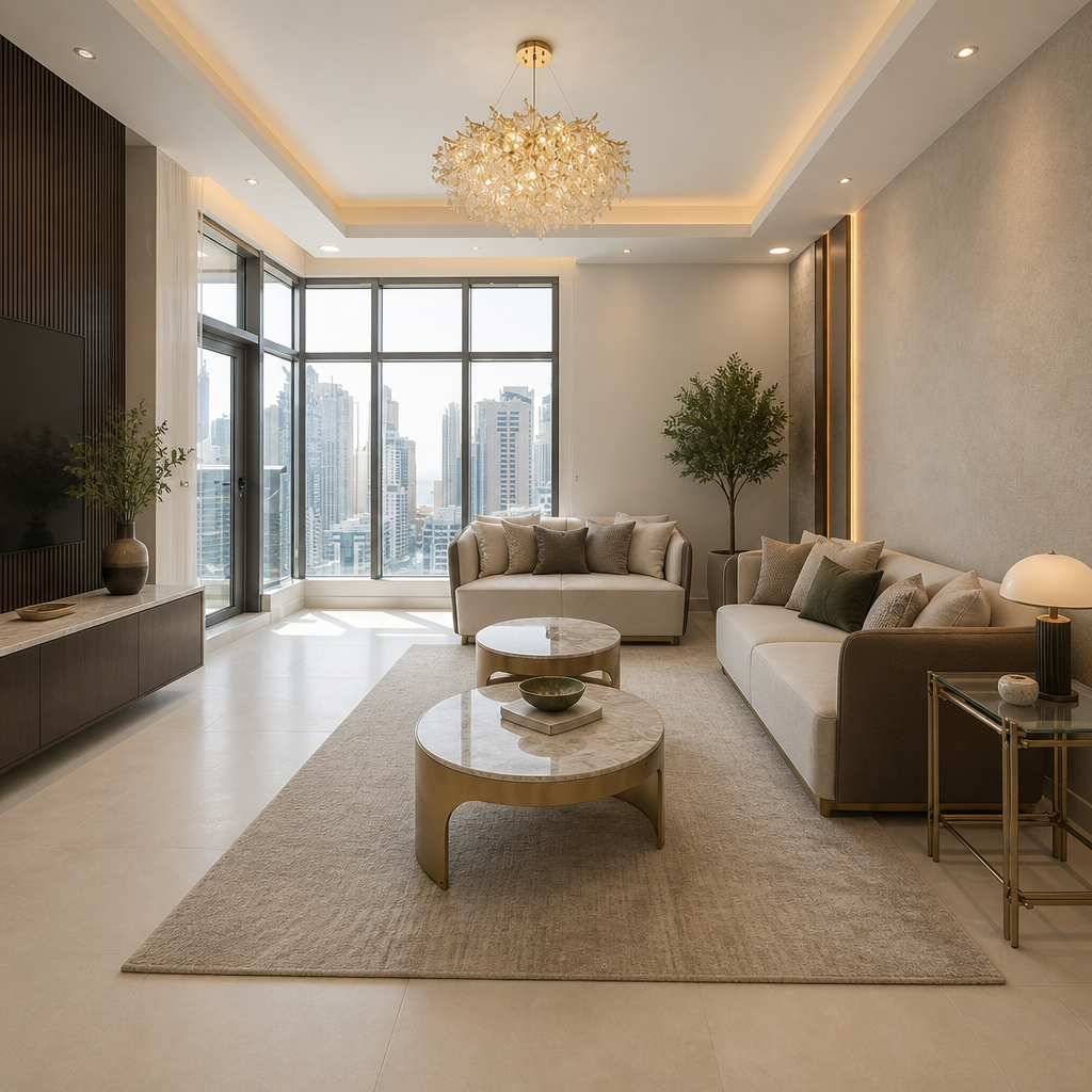 Living room with sofas, round tables, chandelier and high-rise city view.