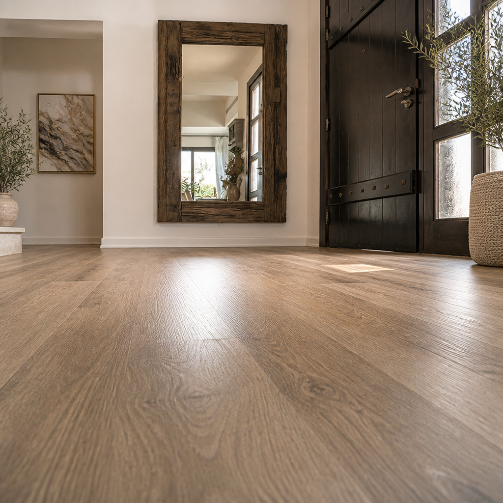 Wide-plank wood floor in entrance hall with framed mirror and dark door.