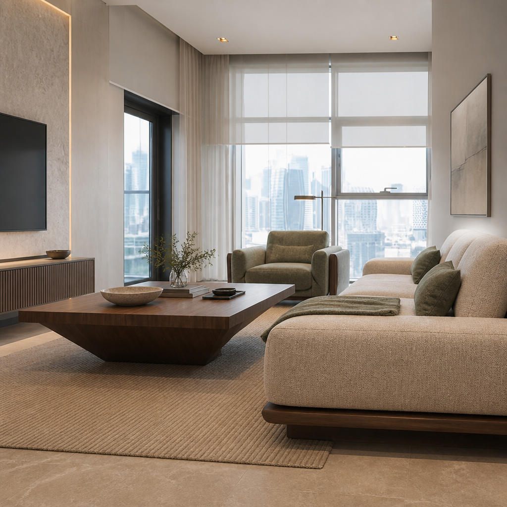 Living room with beige sofas, wooden coffee table, wall-mounted TV, city view.