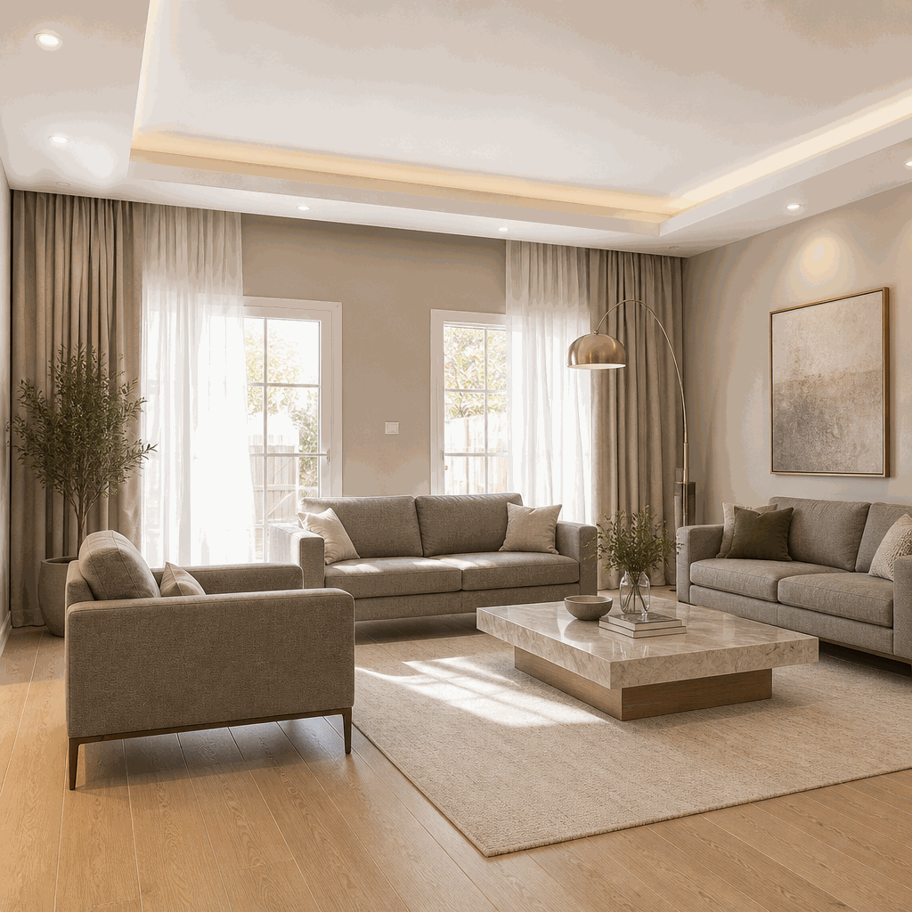 Bright living room with grey sofas, stone coffee table, arc lamp, curtains.