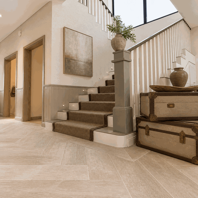 Hallway with pale wood-effect floor tiles, carpeted staircase, panelled walls.