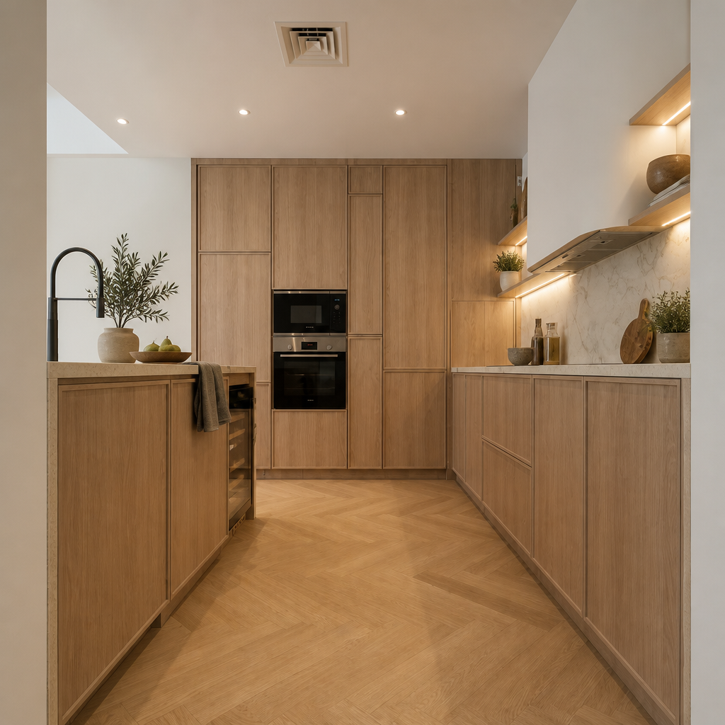 Galley kitchen with oak cabinets, built-in ovens, herringbone wood floor.