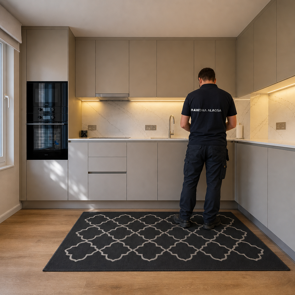 Worker in uniform standing at kitchen counter beside floor mat.