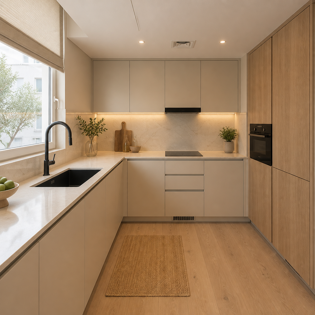 Compact kitchen with cream cabinets, black tap, induction hob, window.