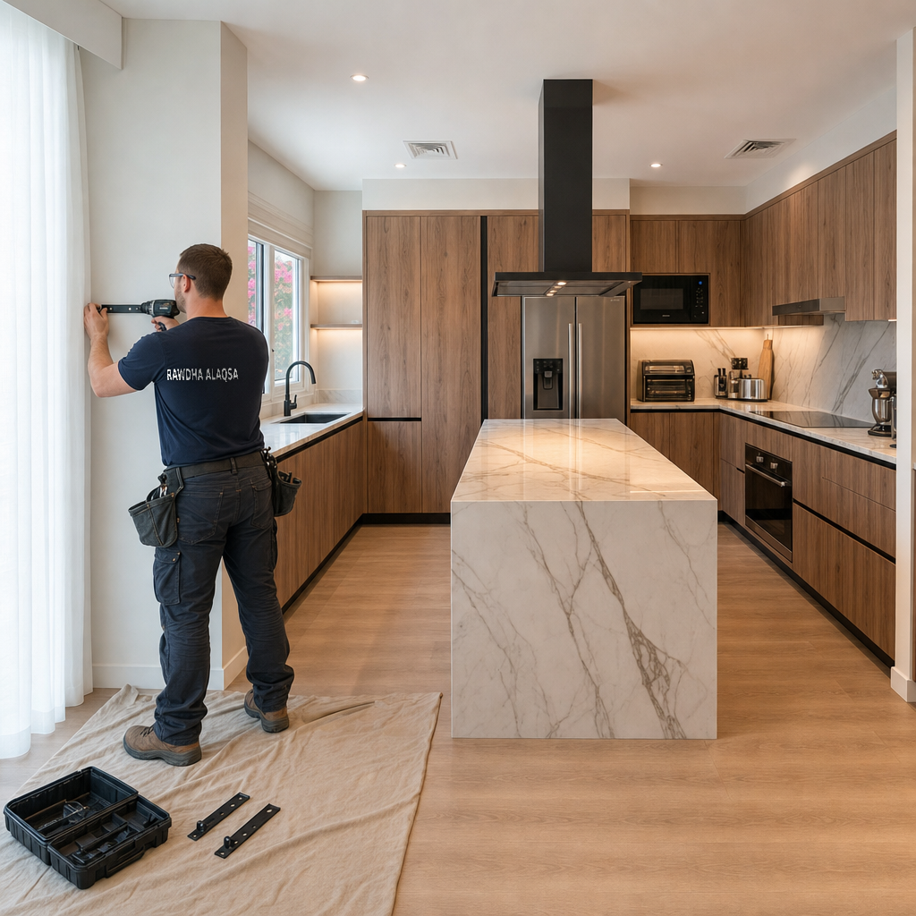 Worker drilling wall in kitchen with marble island and dust sheet.
