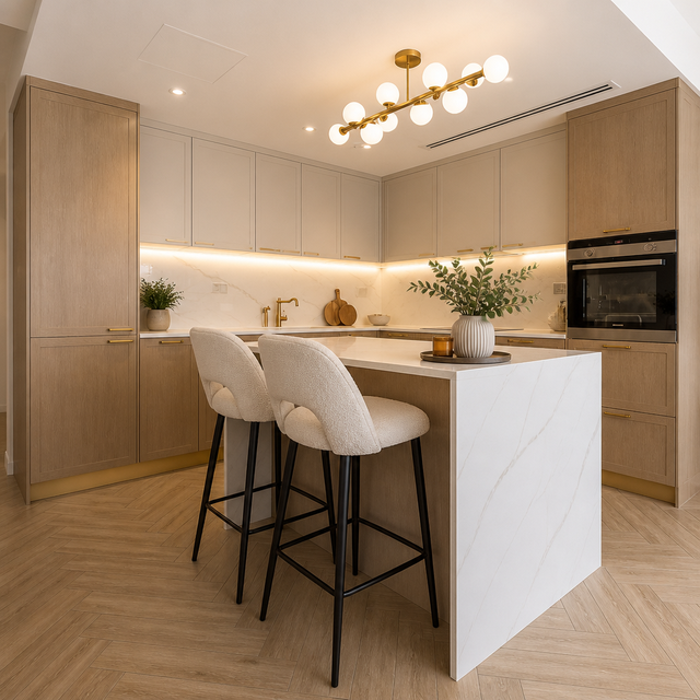 Oak shaker kitchen with white island, boucle stools, brass globe light.