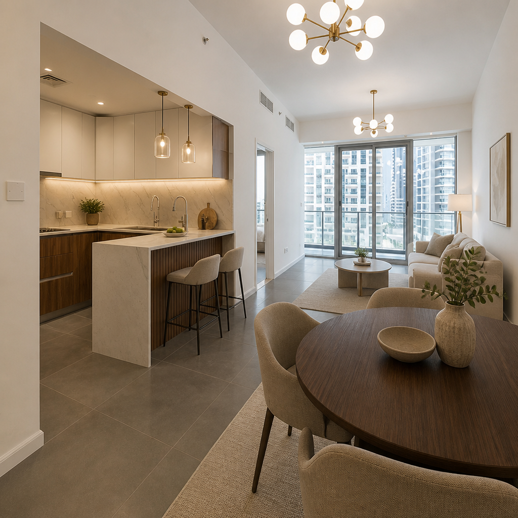 Open-plan apartment with kitchen bar, dining table, sofa, balcony windows.