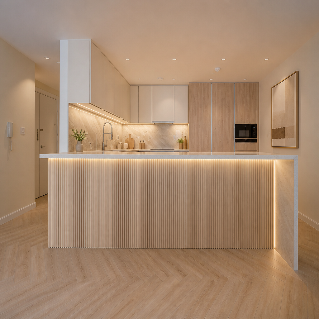 Kitchen with fluted island, lit counter edge, pale cabinets, herringbone floor.