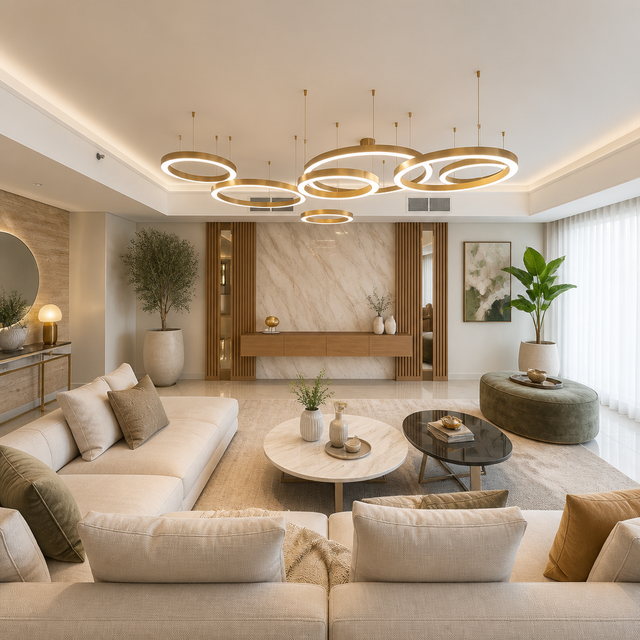 Large lounge with sectional sofas, marble feature wall, gold ring pendant lights.
