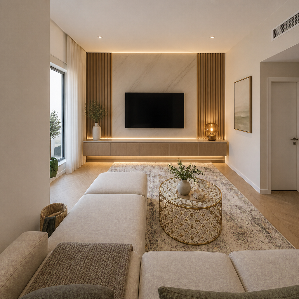 Sitting room with wall-mounted television, marble panel, slatted wood, gold coffee table.