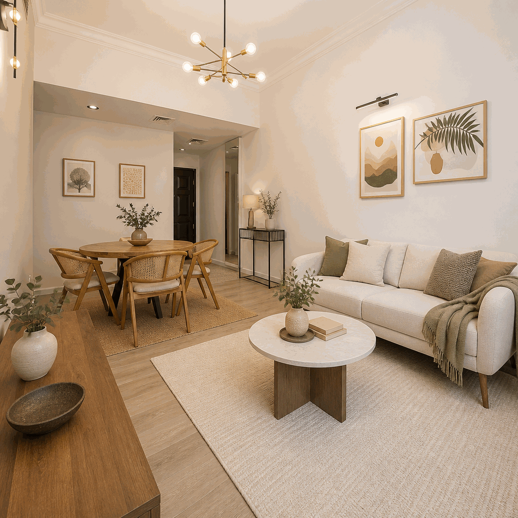 Combined dining and sitting area with sofa, round table, framed prints, chandelier.