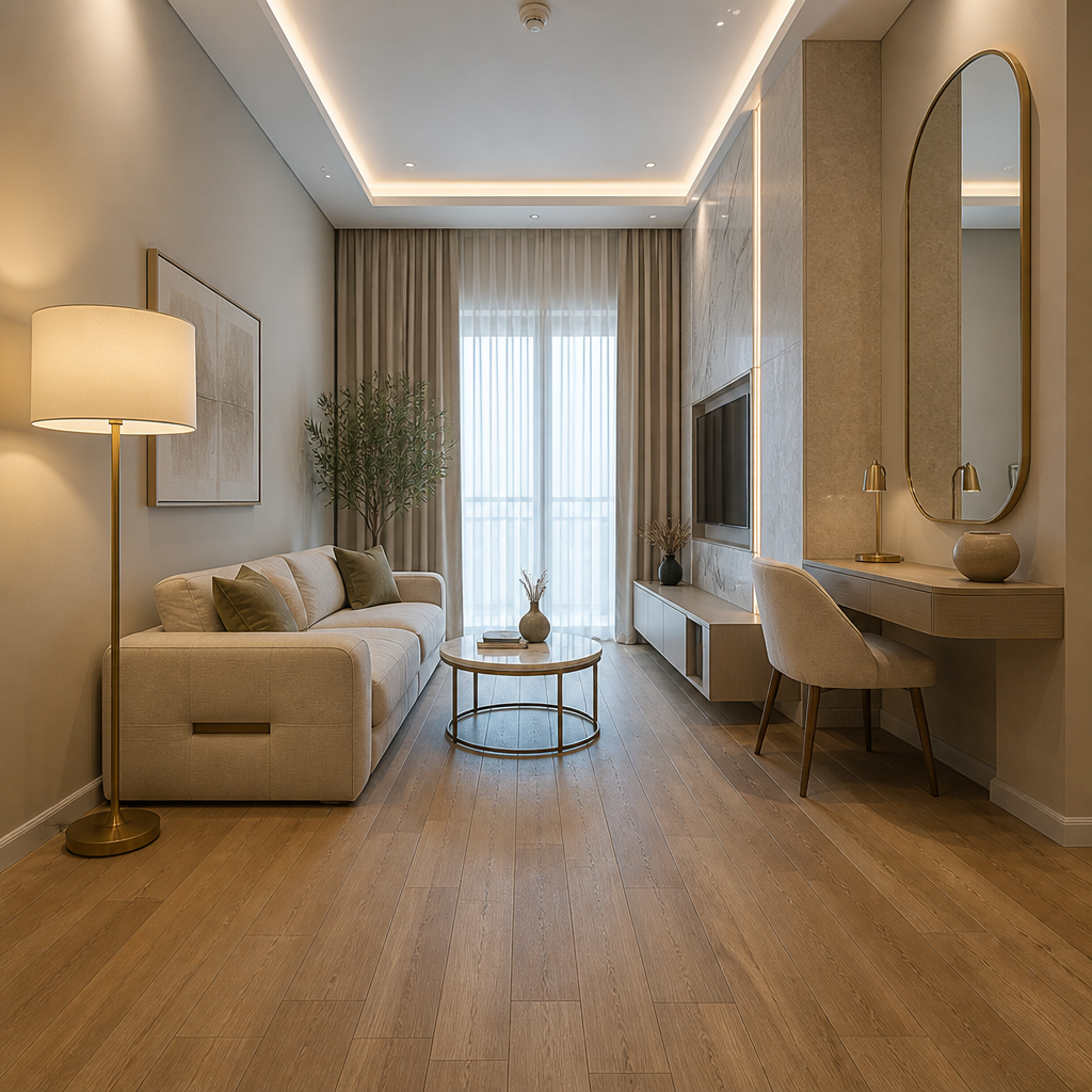 Narrow lounge with beige sofa, desk, oval mirror, curtained window, wood flooring.