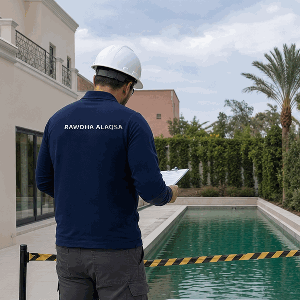 Worker in helmet with clipboard beside swimming pool and taped barrier.
