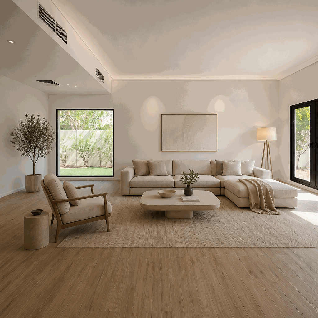 Empty-feeling lounge with cream sectional, low table, olive tree, wood plank flooring.