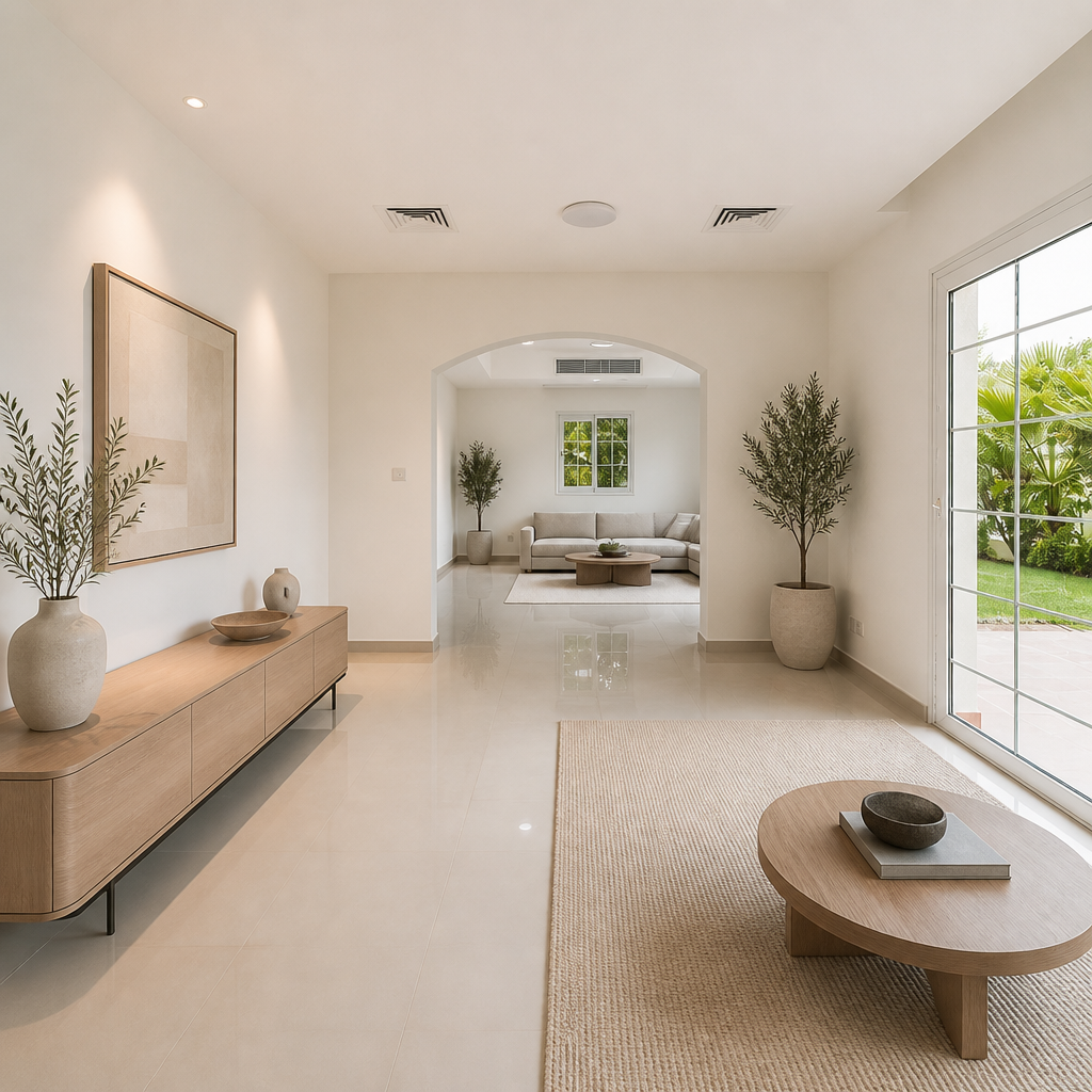 Hallway with sideboard, framed art, potted trees, arch opening to seating area.