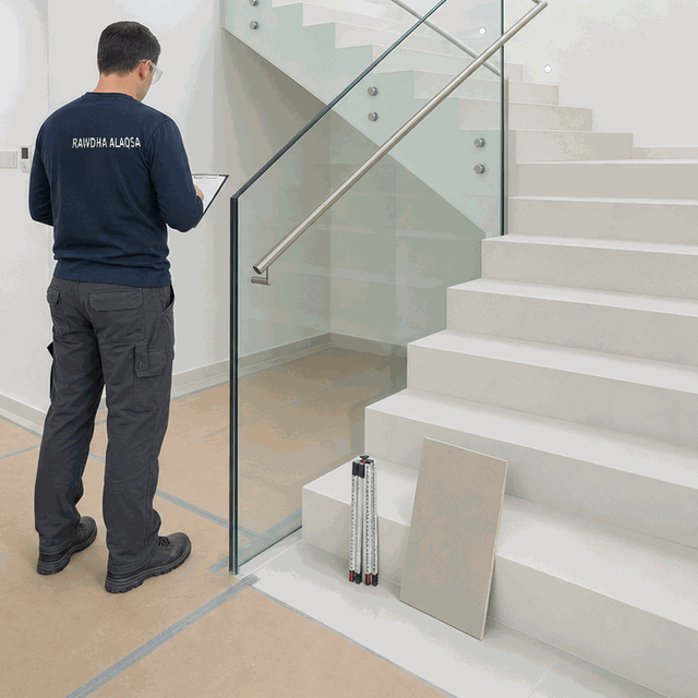 Worker with clipboard beside glass-balustrade staircase, folding ruler and board on steps.
