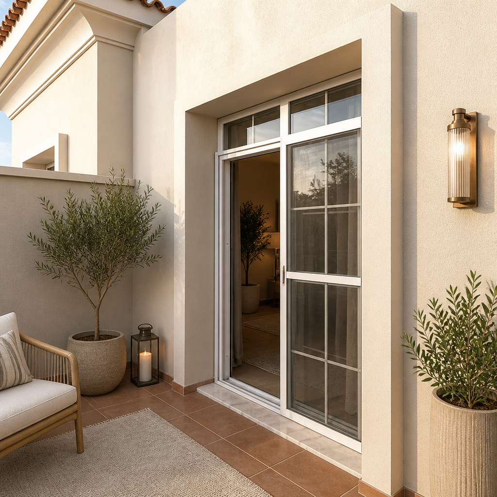 Terrace with sliding glass door, wall lantern, potted olive trees and armchair.