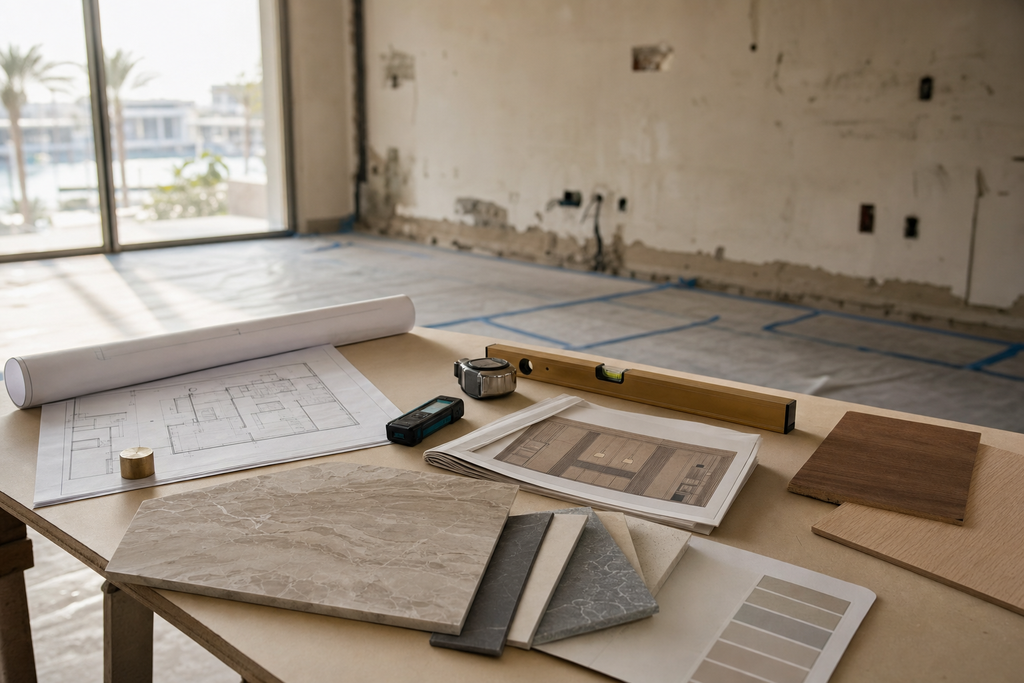 Renovation scope-review table with floor plans, measuring tools and stone, tile and timber samples in a half-stripped room