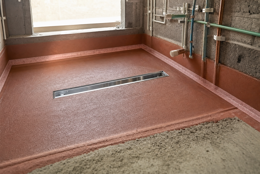 Applied waterproofing membrane, reinforcing tape and capped first-fix pipe tails in a bathroom before tiling