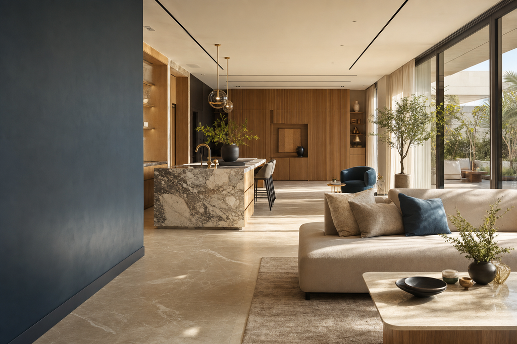Renovated villa ground floor showing living area, marble kitchen island and fluted timber joinery in one continuous space