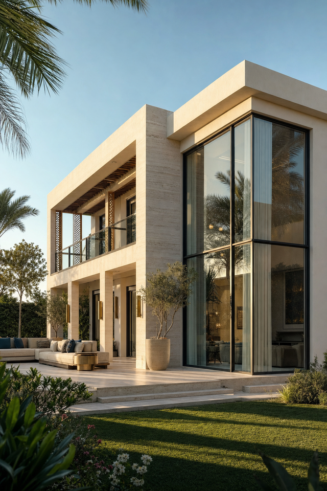 Detached villa elevation with stone banding, double-height glazed corner and stone terrace