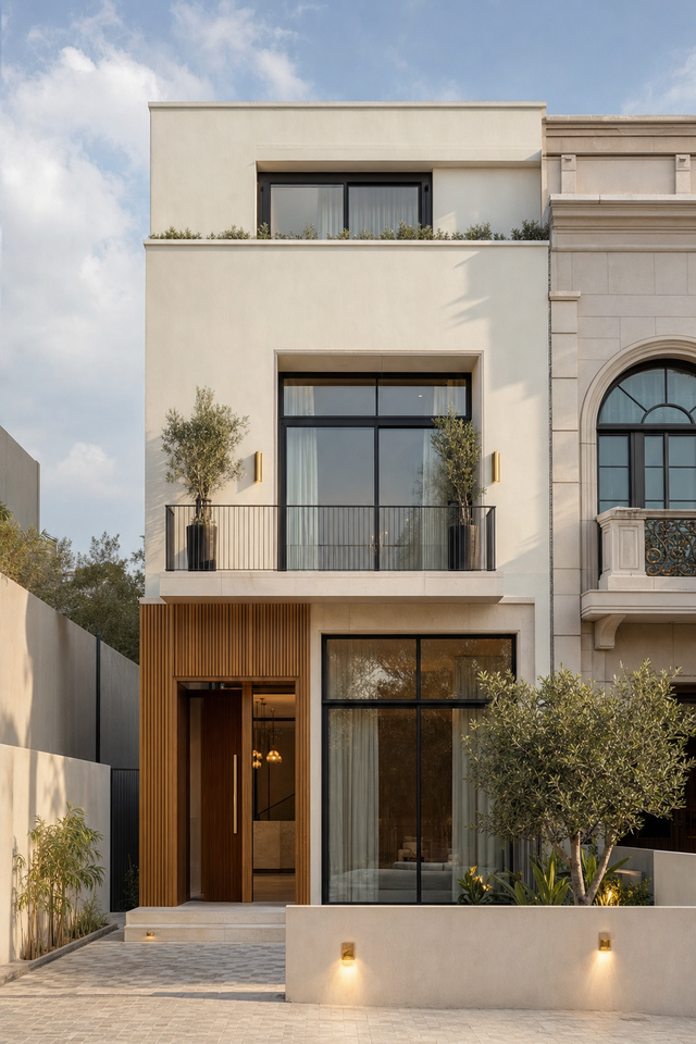 Attached townhouse frontage with timber-slatted entrance bay and the shared party-wall condition at the frame edge