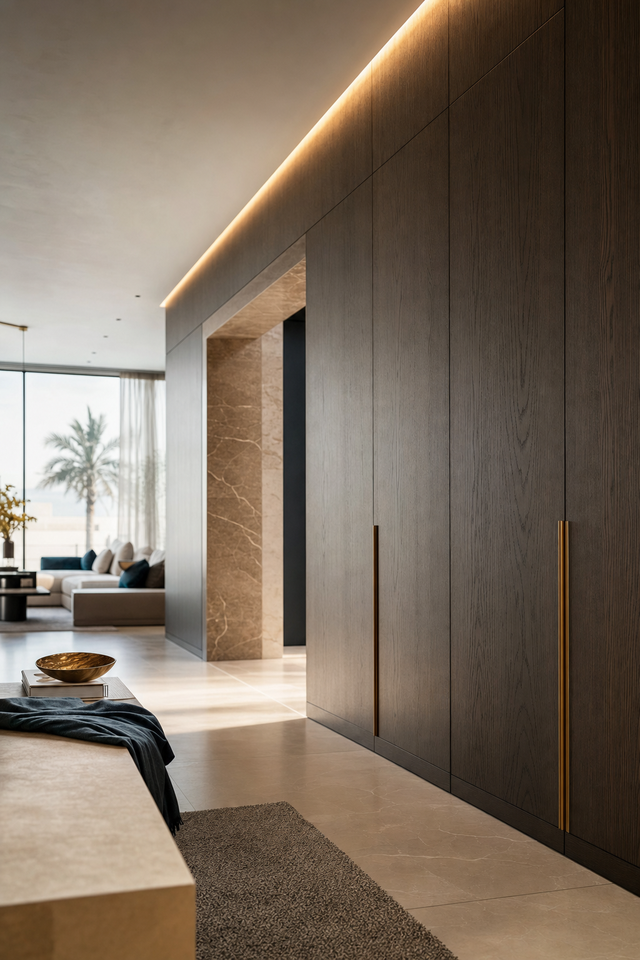 Interior fit-out with full-height smoked oak joinery, shadow-gap ceiling detail and stone flooring